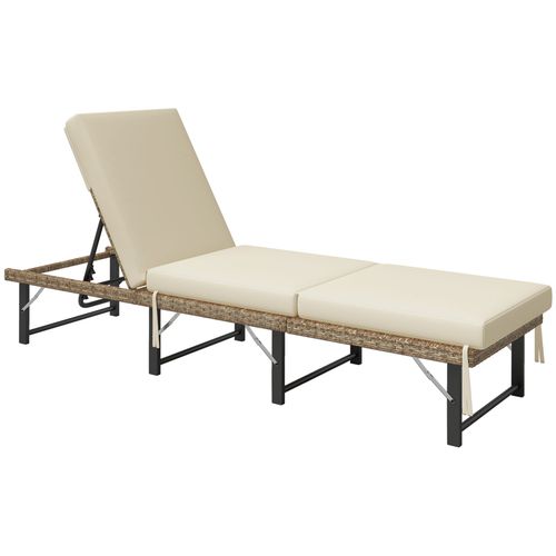 Outsunny Folding Rattan Sun Lounger with Adjustable Back, Cushion, Natural