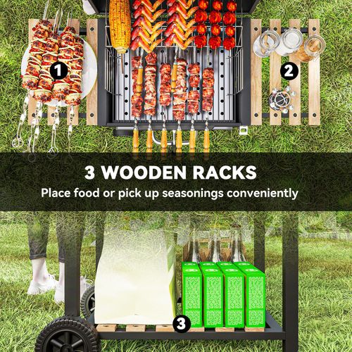 Outsunny Charcoal BBQ Grill with Warming Rack 3 Shelves Temperature Gauge