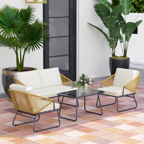 Outsunny 4 Piece Rattan Garden Furniture Set with Cushions, Cream White