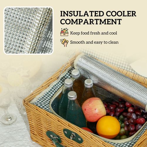 Outsunny Wicker Picnic Basket for 2 with Insulated Cooler Bag, Light Brown