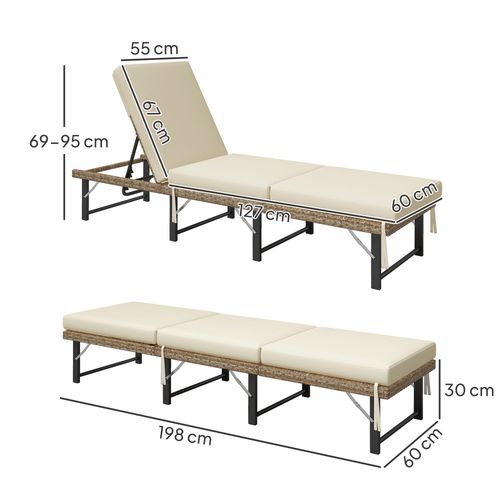 Outsunny Folding Rattan Sun Lounger with Adjustable Back, Cushion, Natural