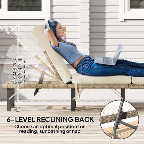 Outsunny Folding Rattan Sun Lounger with Adjustable Back, Cushion, Natural