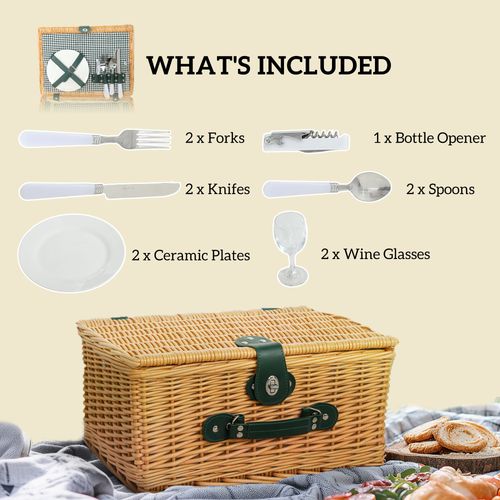 Outsunny Wicker Picnic Basket for 2 with Insulated Cooler Bag, Light Brown