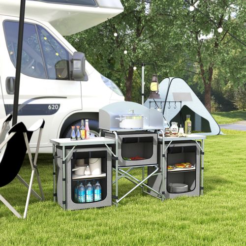Outsunny Portable Folding Camping Kitchen with Windshield Light Stand Carry Bag