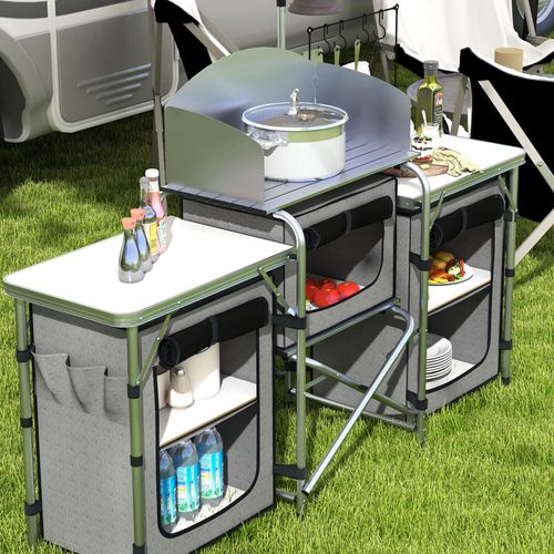 Outsunny Portable Folding Camping Kitchen with Windshield Light Stand Carry Bag