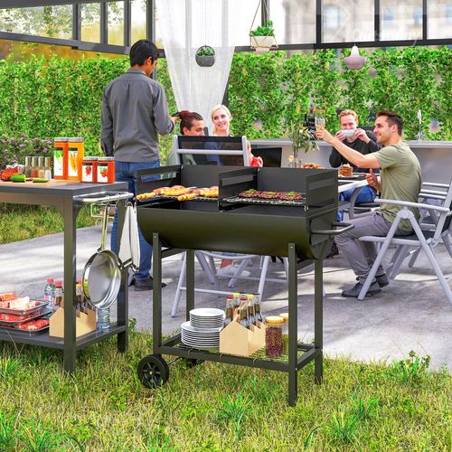 Outsunny Steel 2-Grill Charcoal BBQ with Wheels, Black